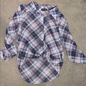 Tie Front Chiffon Plaid Shirt